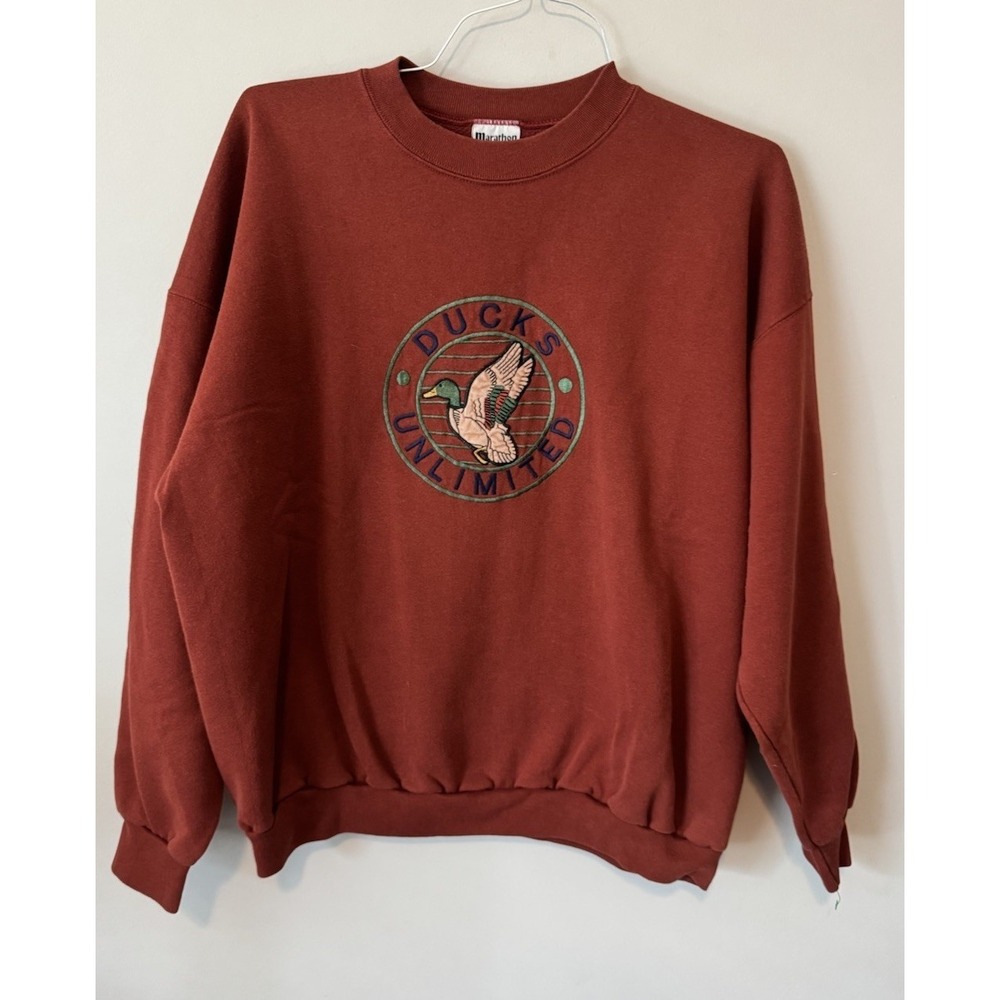 Vintage 90s Marathon Ducks Unlimited Crewneck Rust Orange Embroidered Size XL
